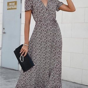 Summer Wrap Maxi Dress Casual Boho Floral V Neck Short Sleeve Ruffle Hem Split
